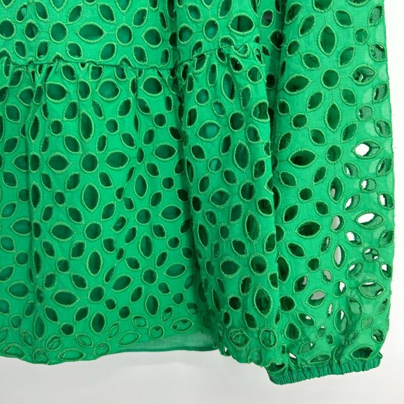 J. Crew Tiered Top in Embroidered Eyelet L Sheer Long Sleeves AM637 Green - Picture 8 of 9